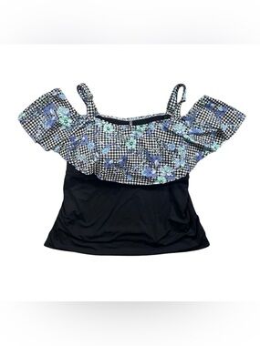 Land's End Floral Gingham Off Shoulder Ruffle Tankini Swimsuit Top Size 40D